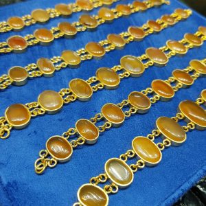 دستبند عقیق یمنی اصل نقره آبکاری طلا زرد