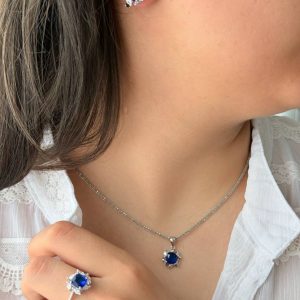 نیم ست جواهری نقره رنگی نگین آبی کبود کد 15170