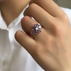 انگشتر جواهر نقره نگین بنفش آمیتیستی کد 15127