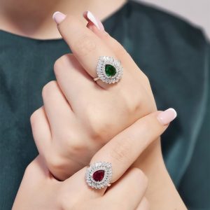 انگشتر جواهر زنانه نگین سبز و سرخ کد 15348