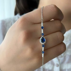 دستبند نقره جواهری نگین آبی کبود کد 15303