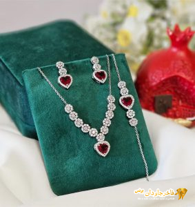 سرویس نقره زنجیری نگین جواهری سرخ کد 15346