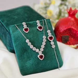 سرویس نقره زنجیری نگین جواهری سرخ کد 15346