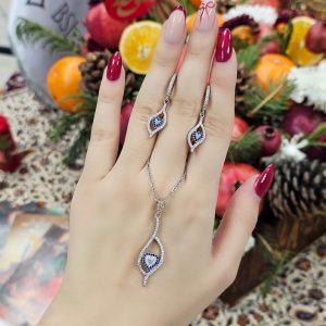 نیم ست نقره نگین آبی جواهری 15357