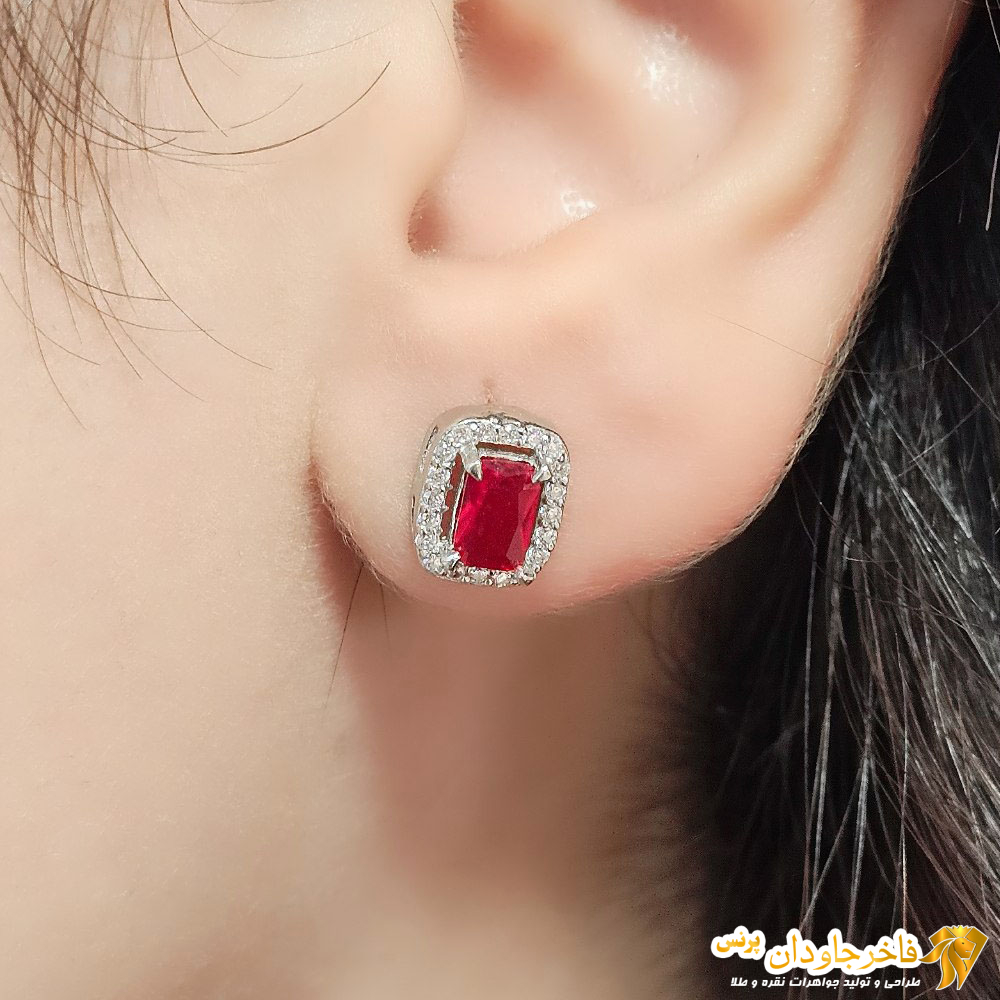 گوشواره از سرویس جواهر زنجیری نگین قرمز یاقوتی کد 15339