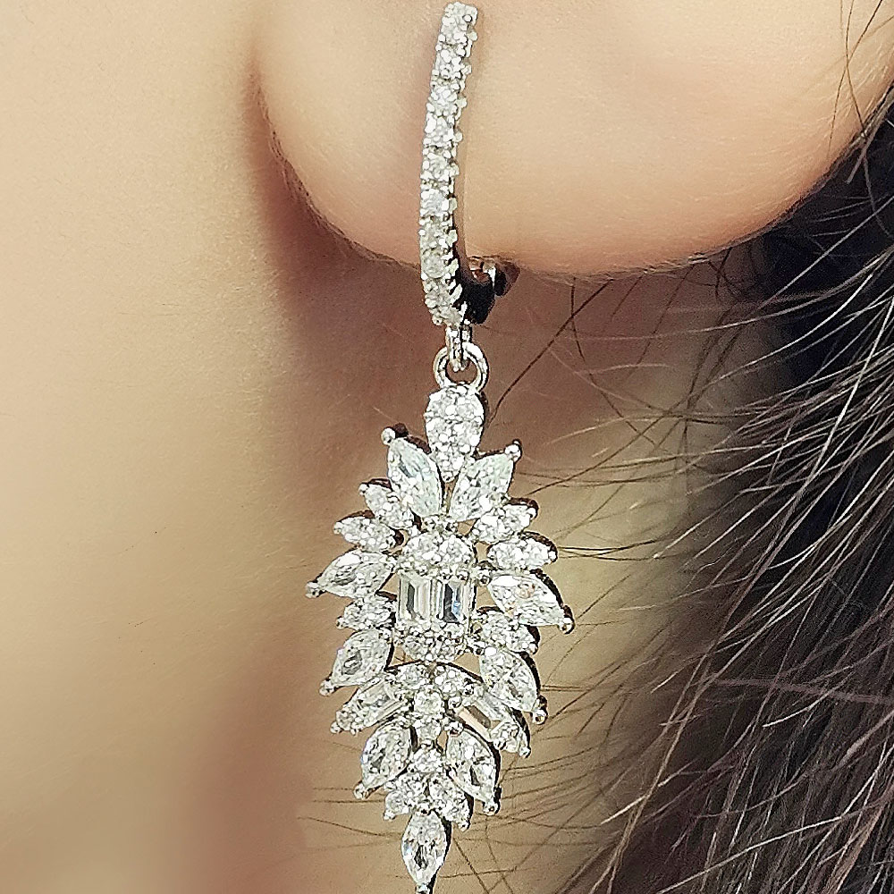 گوشواره جواهری نقره روکش طلا سفید کد 15449 تصویر گالری