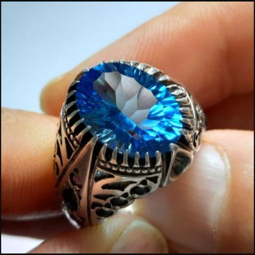  انگشتر نقره مردانه توپاز رکاب دست ساز شبکه تاج دور چنگ