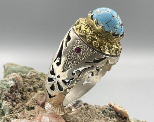 انگشتر نقره مردانه فیروزه طبیعی نیشابور با نگین یاقوت