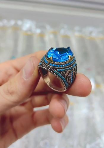 انگشتر نقره مردانه نگین آبی
