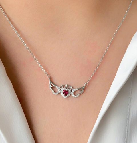 آویز نقره روکش رودیوم مدل بال نگین سرخ