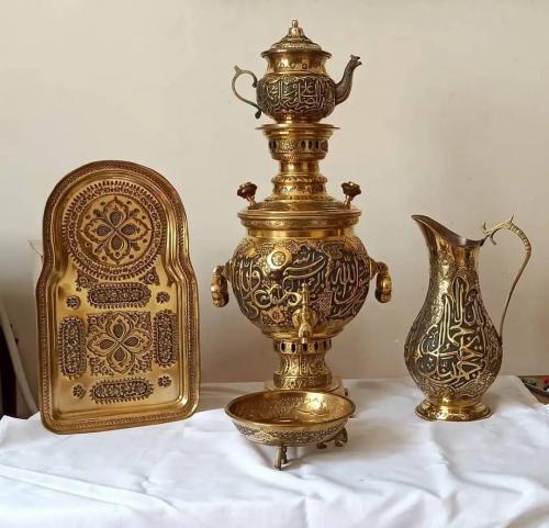 ست کامل سماور برنجی قلم زنی تمام کار دست استاد صفایی